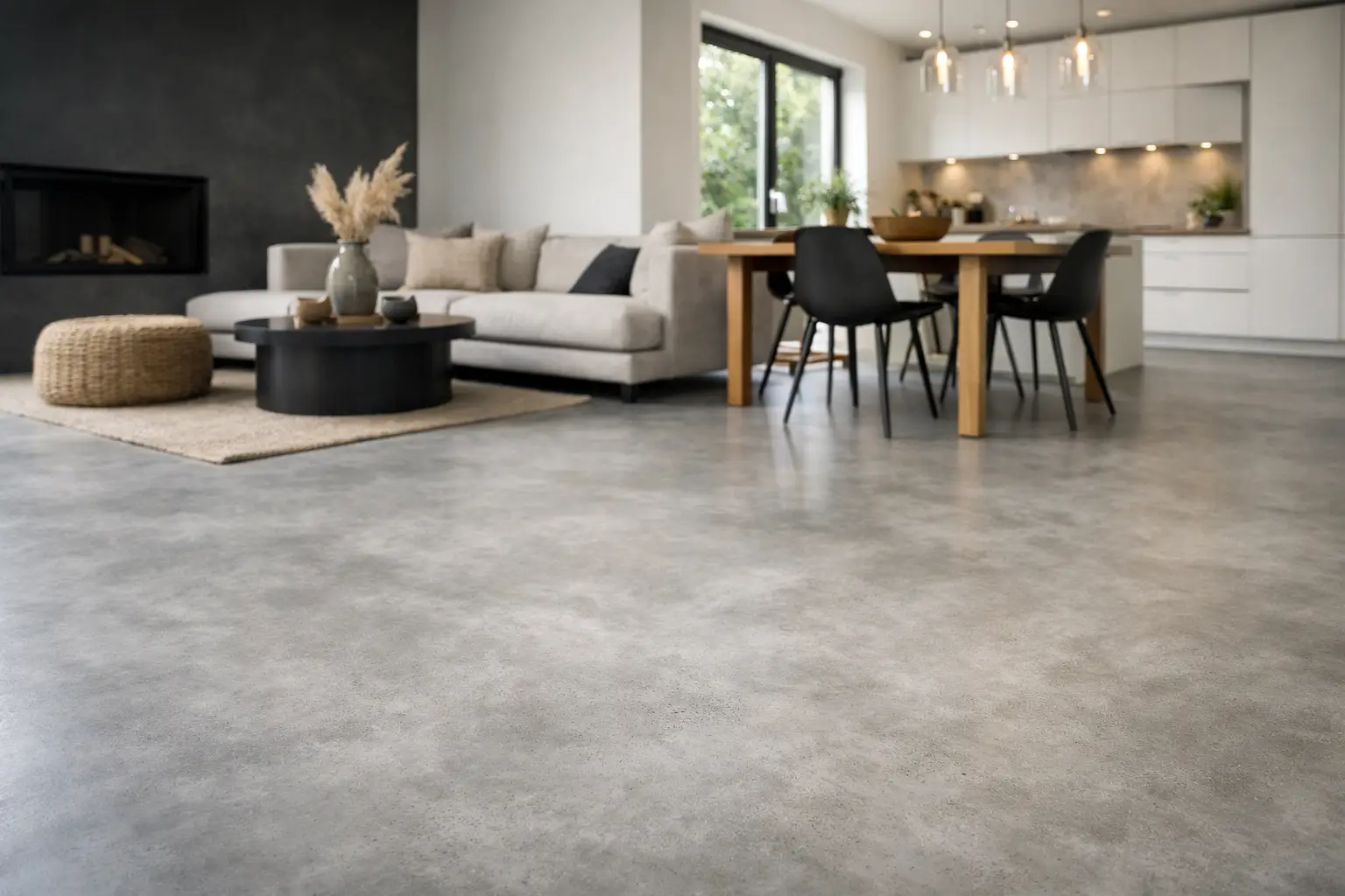 Betonlook gulv i privat hjem med karakter