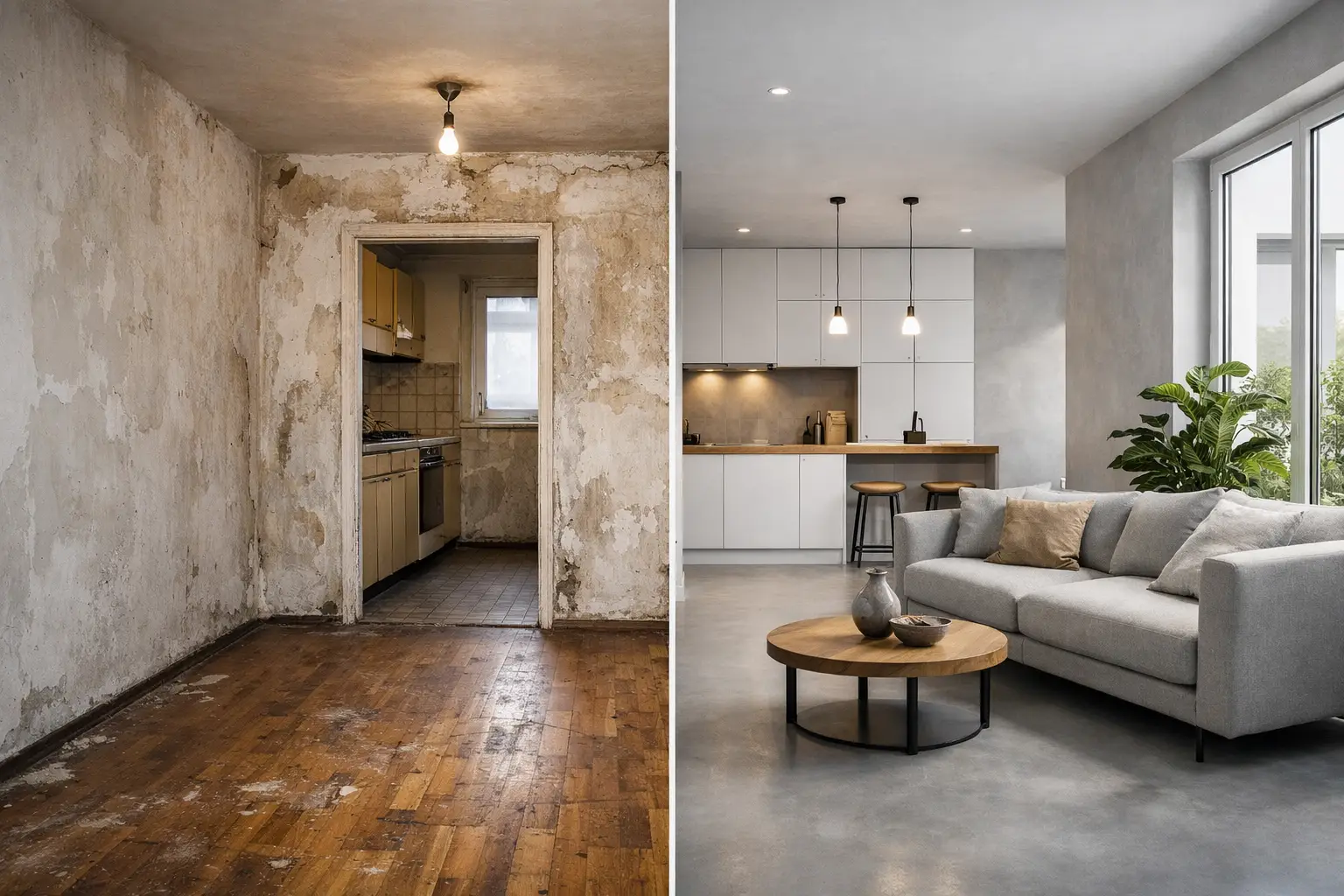 Microcement i lejlighed før og efter renovering