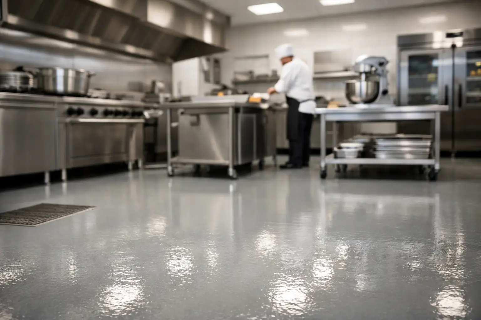 Epoxybelægning i produktionskøkkenet der holder